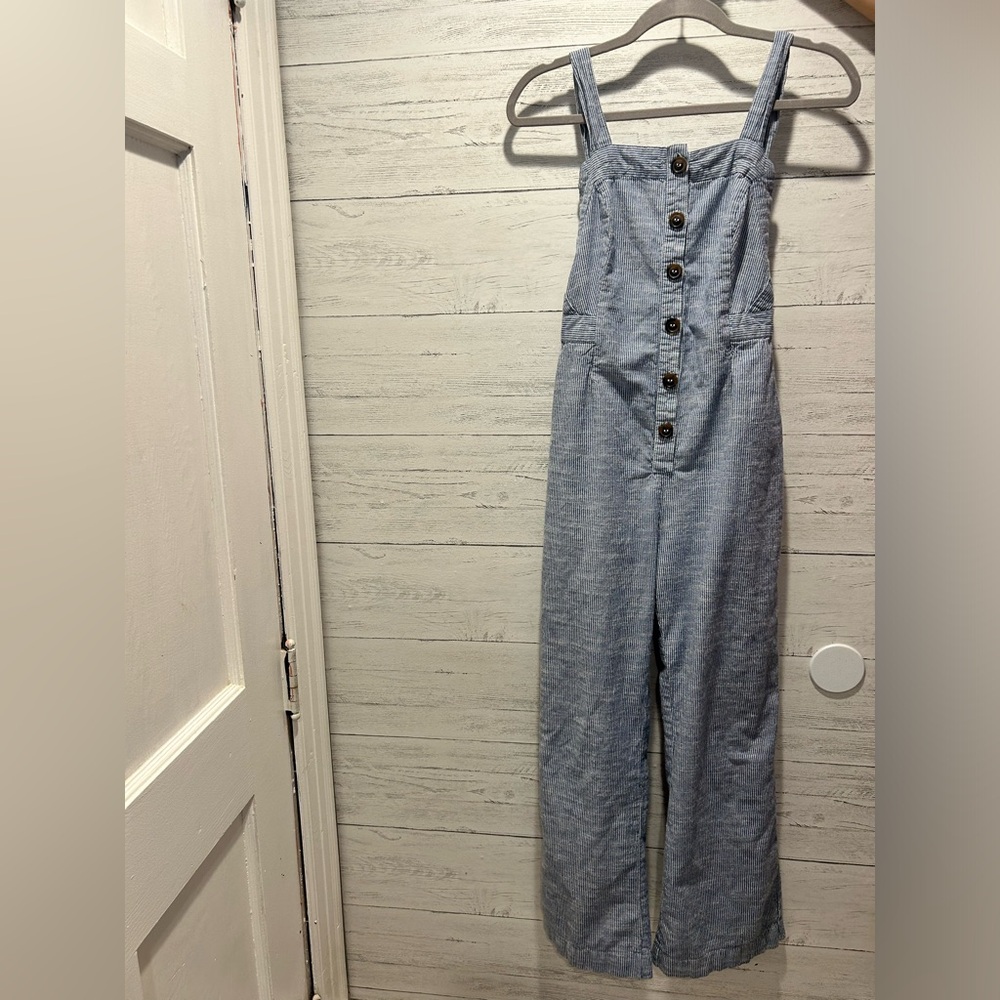JAPNA Women's Size M Romper Jumpsuit Blue Striped Flare Leg 100% Cotton Casual